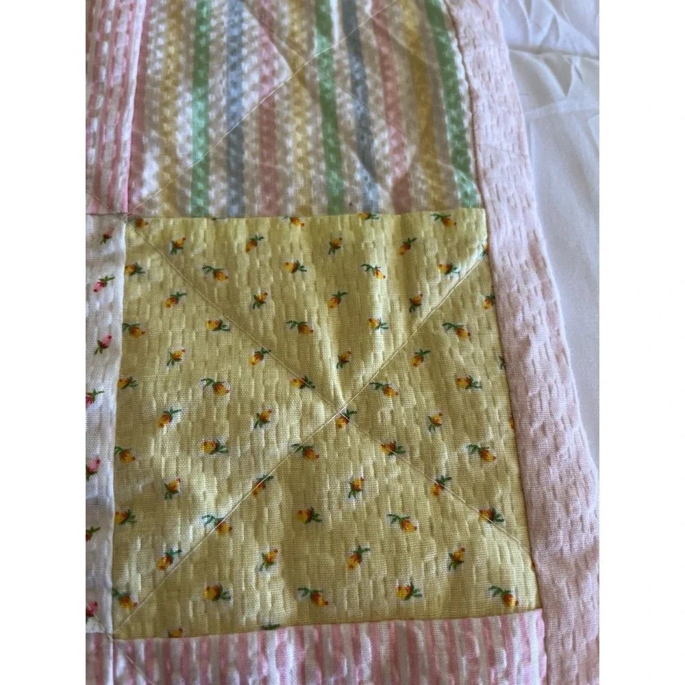 Vintage Baby Blanket Seersucker Quilted Patchwork Soft Pastels Delicate Floral